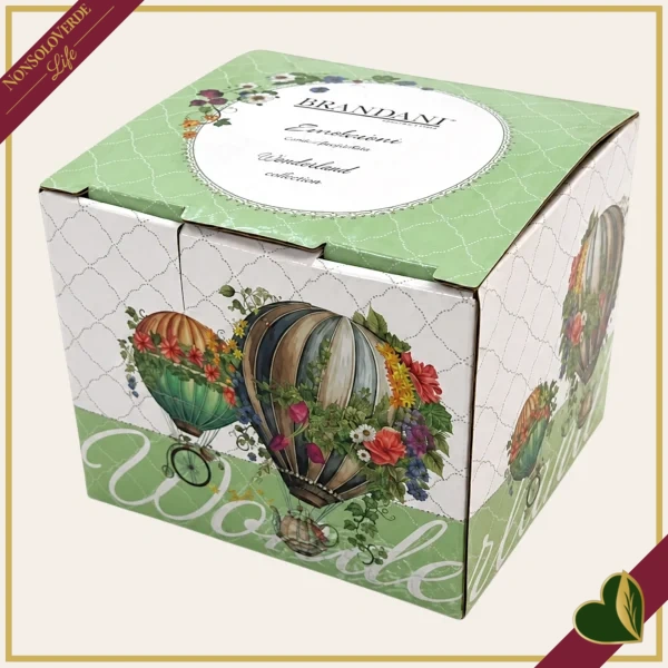 Zuccheriera Wonderland in New Bone China con mongolfiere acquerellate, lunghezza 10 cm