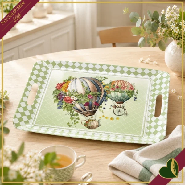 Vassoio Wonderland in melamina con mongolfiere acquerellate e manici integrati, lunghezza 35 cm