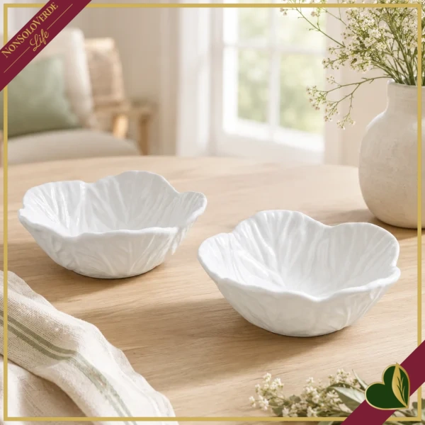 Set 2 ciotoline Foglia Vegan bianche in porcellana, diametro 12 cm