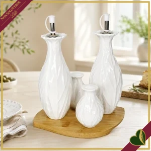 8029722518787-0 Menage Foglia Vegan set 4 pezzi in porcellana bianco con base in bamboo naturale, altezza 22 cm