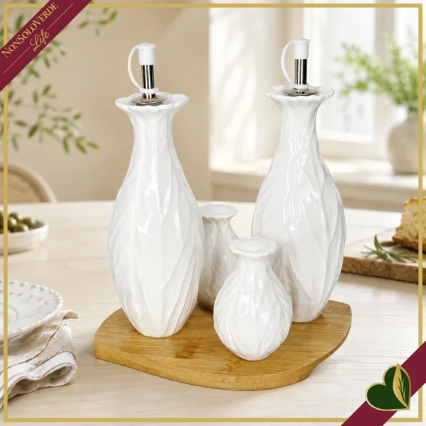 Menage Foglia Vegan set 4 pezzi in porcellana bianco con base in bamboo naturale, altezza 22 cm