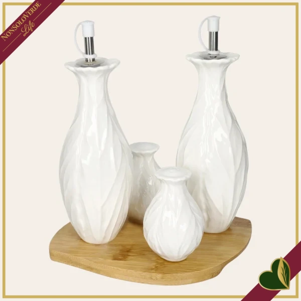 Menage Foglia Vegan set 4 pezzi in porcellana bianco con base in bamboo naturale, altezza 22 cm
