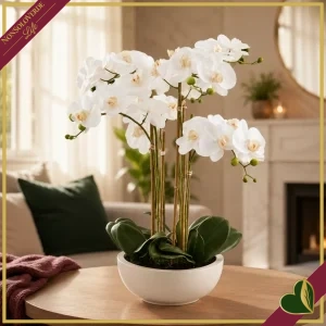 Orchidea Phalaenopsis artificiale Real Touch bianca con 6 steli e vaso in ceramica avorio, altezza 64 cm