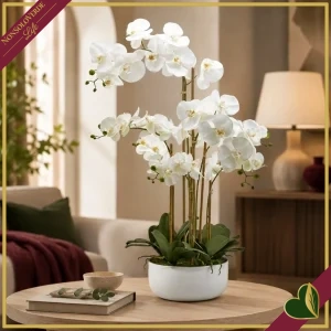 Orchidea Phalaenopsis artificiale Real Touch bianca a 7 steli con vaso in ceramica bianca, altezza 84 cm