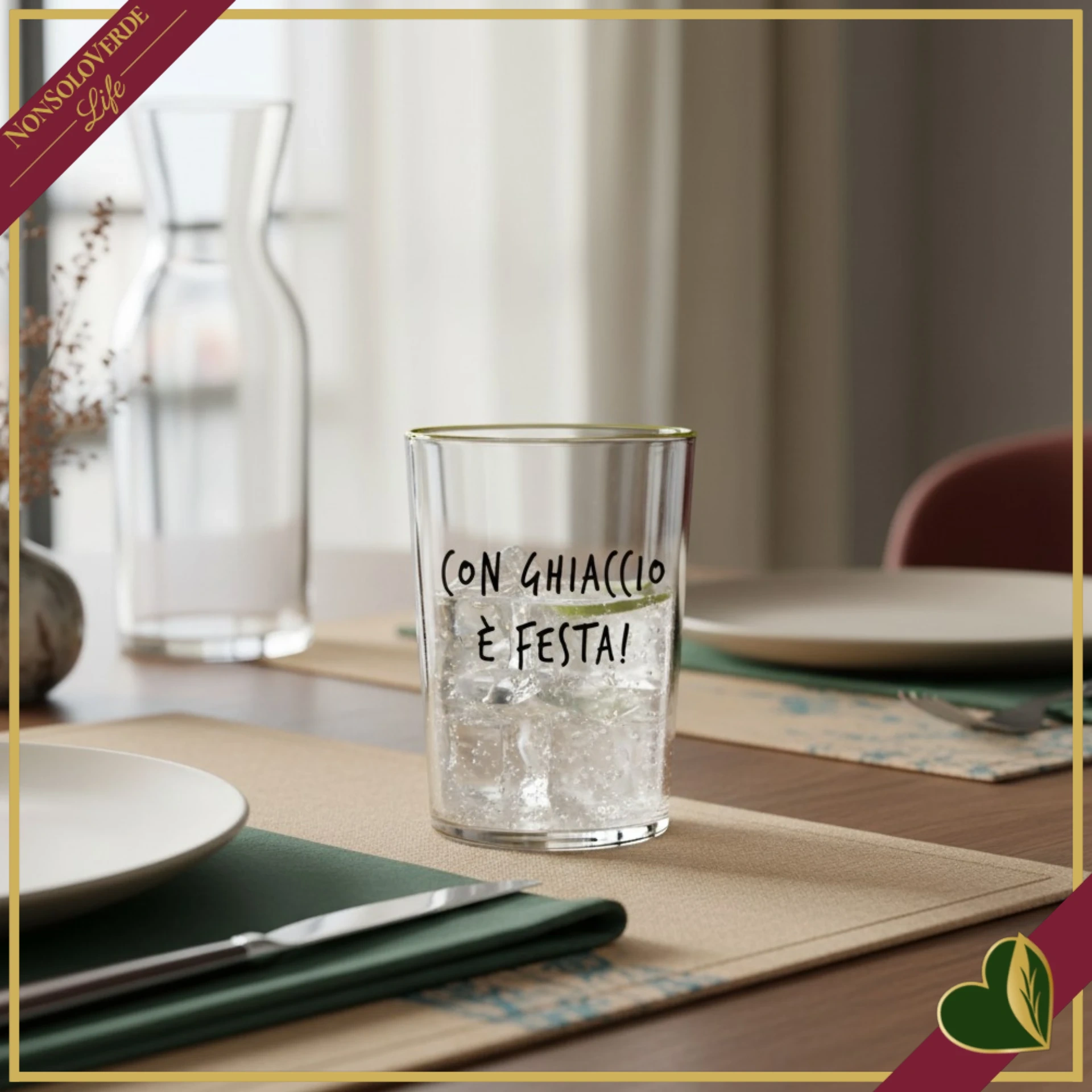 Bicchiere Smile in vetro con frase “Con ghiaccio è festa!”, 480 ml
