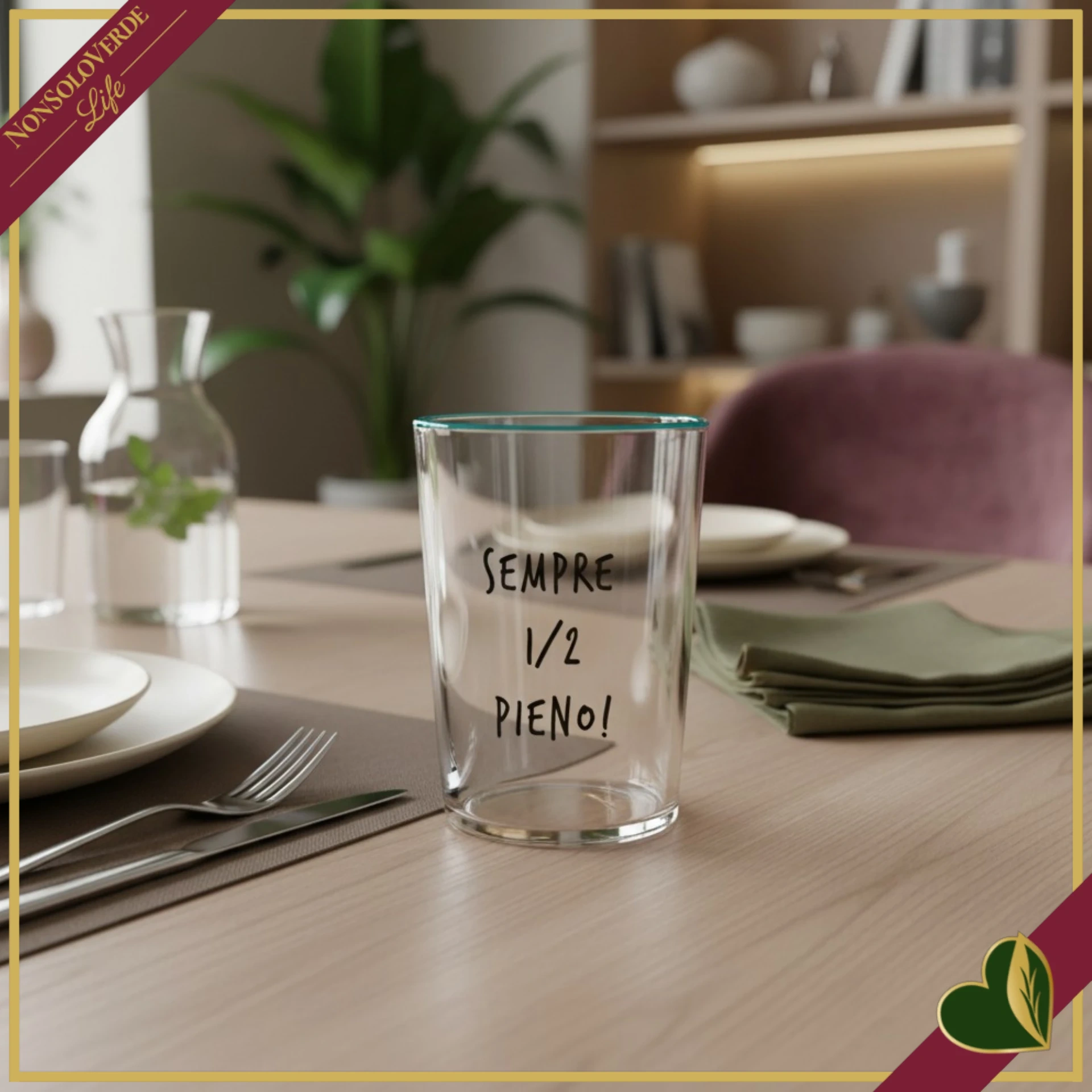 Bicchiere Smile in vetro con frase “Sempre 1/2 pieno!”, 480 ml