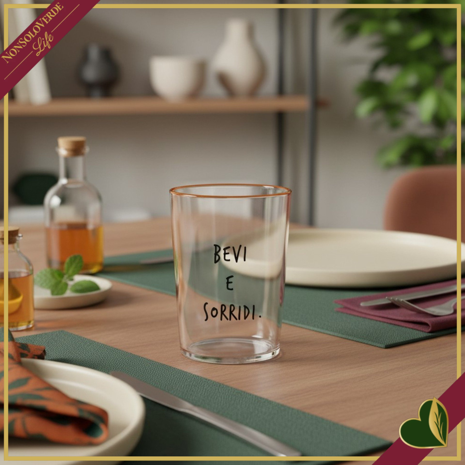 Bicchiere Smile in vetro con frase “Bevi e sorridi.”, 480 ml