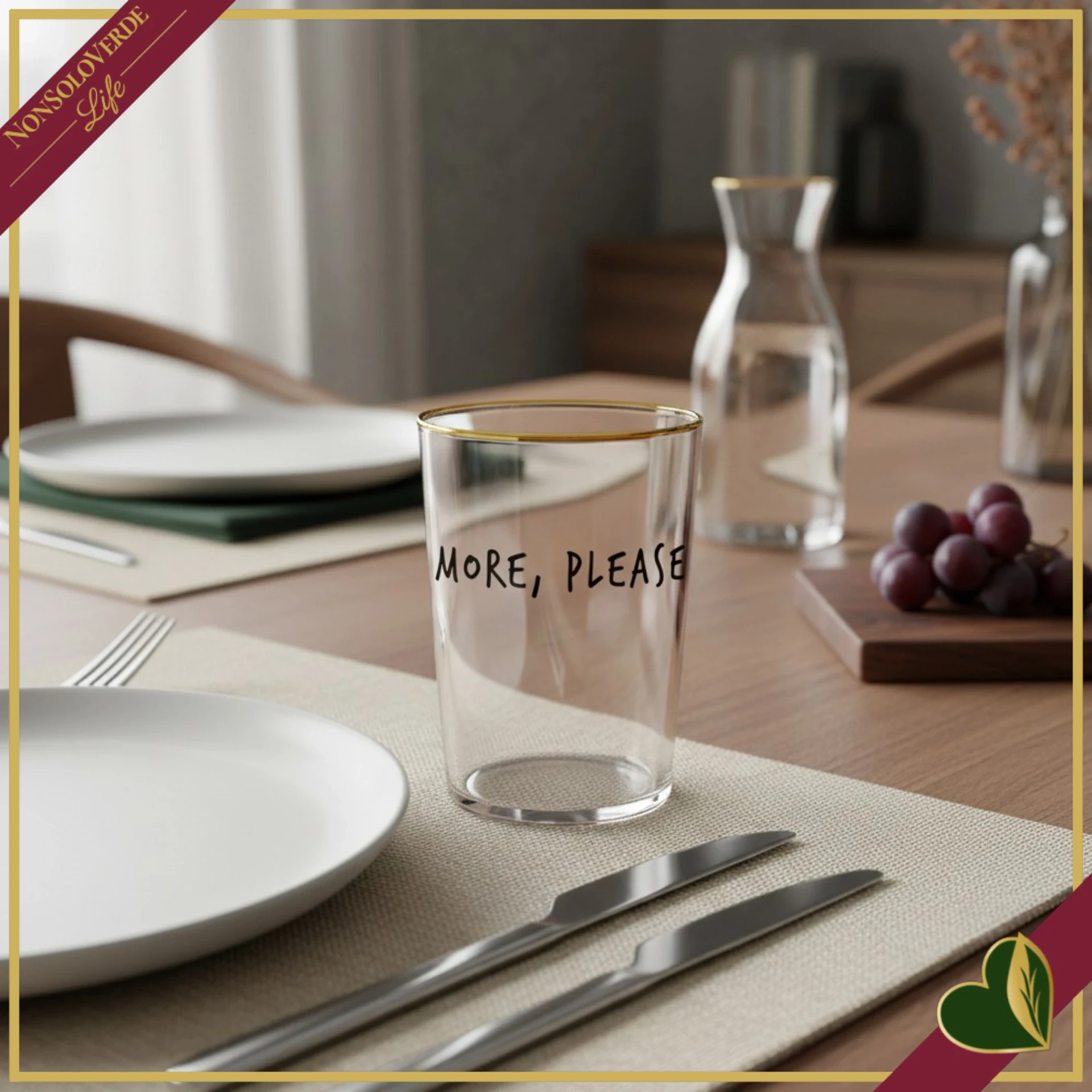Bicchiere Smile in vetro con frase “More, Please”, 480 ml