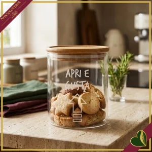 Barattolo impilabile Smile in vetro con coperchio e frase “Apri e Gusta”, 540 ml