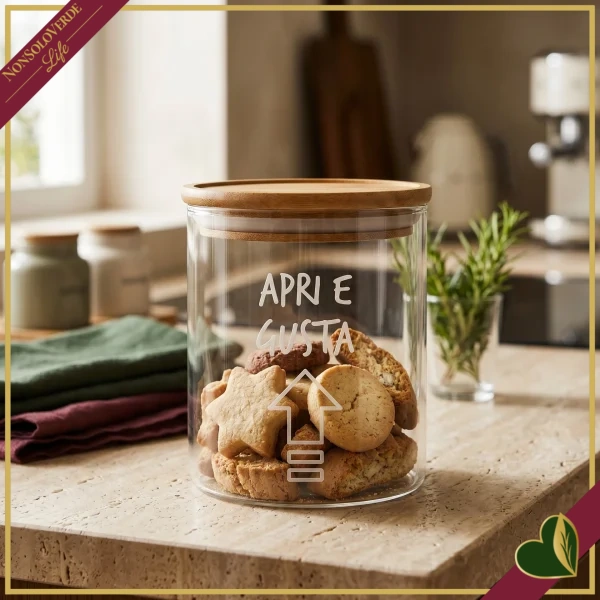 Barattolo impilabile Smile in vetro con coperchio e frase “Apri e Gusta”, 540 ml