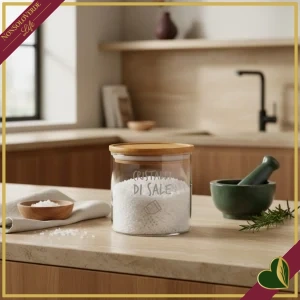 Barattolo impilabile Smile in vetro con coperchio e frase “Cristalli di Sale”, 540 ml