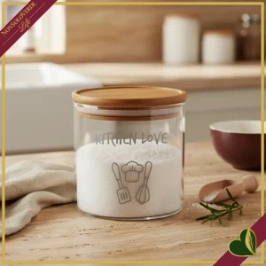 Barattolo impilabile Smile in vetro con coperchio e frase “Kitchen Love”, 540 ml