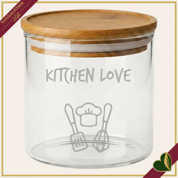 Barattolo impilabile Smile in vetro con coperchio e frase “Kitchen Love”, 540 ml
