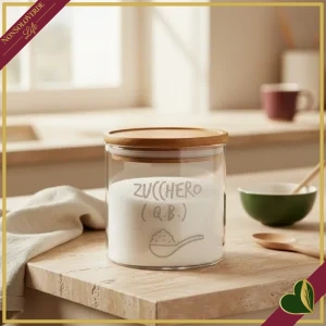 Barattolo impilabile Smile in vetro con coperchio e frase “Zucchero (q.b.)”, 540 ml