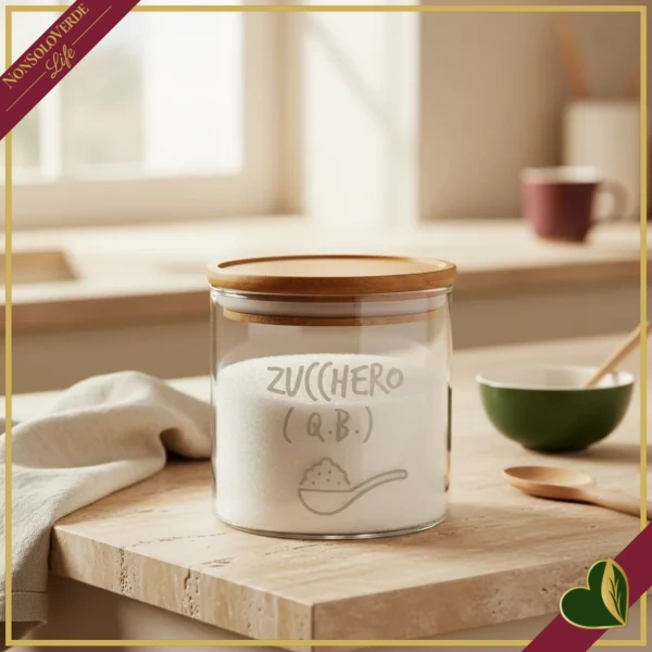 Barattolo impilabile Smile in vetro con coperchio e frase “Zucchero (q.b.)”, 540 ml