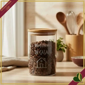 Barattolo impilabile Smile in vetro con coperchio e frase “Profumo di Casa”, 850 ml