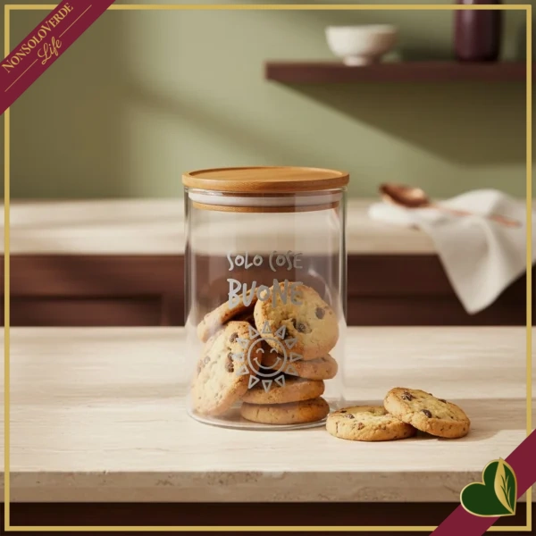 Barattolo impilabile Smile in vetro con coperchio e frase “Solo Cose Buone”, 850 ml