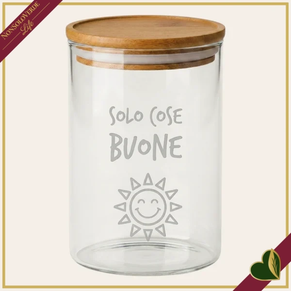 Barattolo impilabile Smile in vetro con coperchio e frase “Solo Cose Buone”, 850 ml