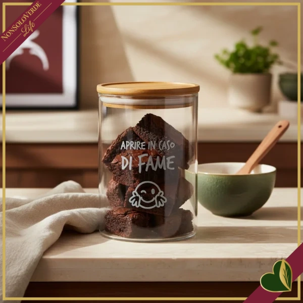 Barattolo impilabile Smile in vetro con coperchio e frase “Aprire in Caso di Fame”, 850 ml