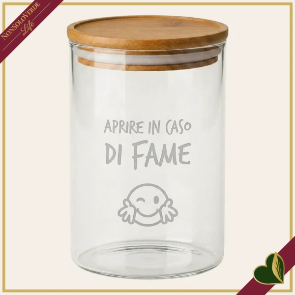 Barattolo impilabile Smile in vetro con coperchio e frase “Aprire in Caso di Fame”, 850 ml