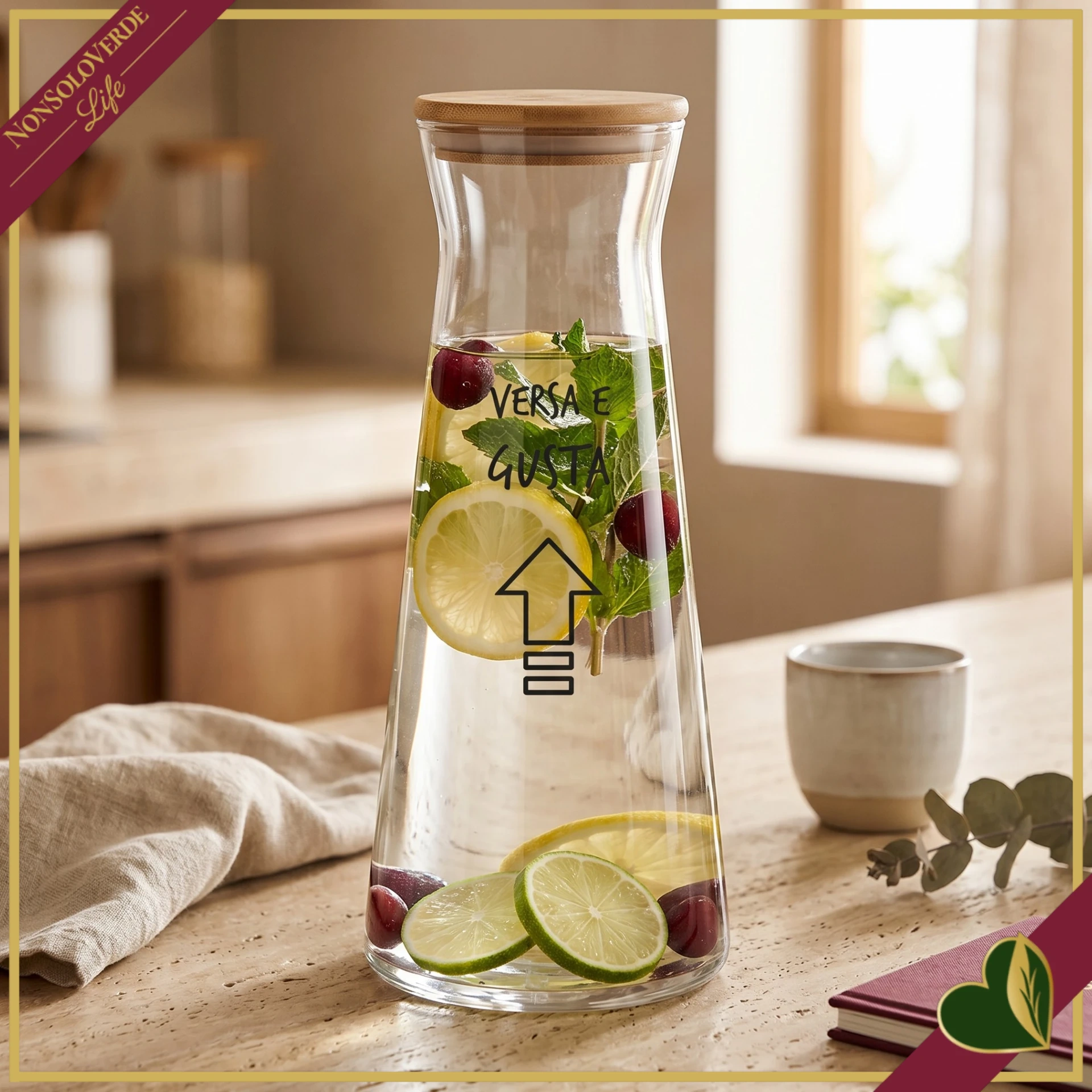Caraffa Smile in vetro con tappo e frase “Versa e gusta”, 1 litro
