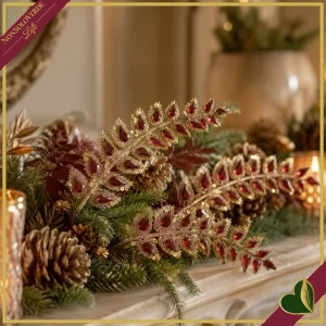 Rametto di felce artificiale Diamonds oro e bordeaux con 23 gemme, altezza 25 cm