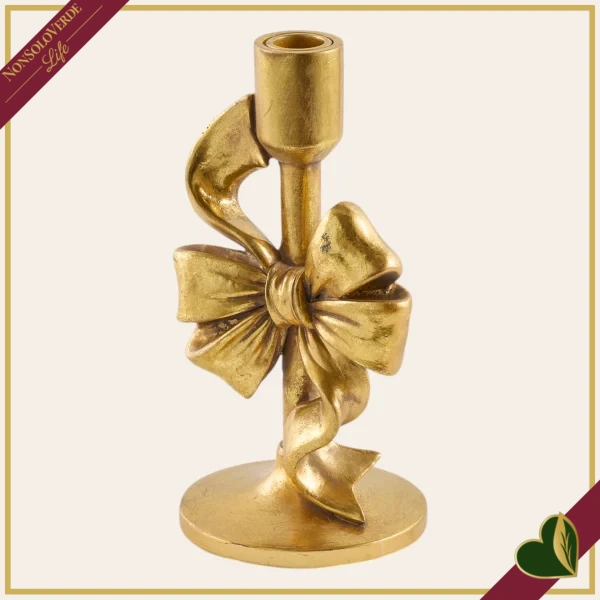 Portacandela con fiocco in poliresina oro, altezza 22 cm