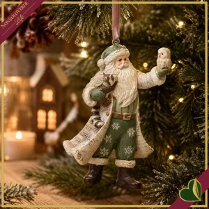 Babbo Natale da appendere in poliresina bianco e verde con gufo e procione, altezza 11,5 cm