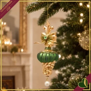 Trottola natalizia da appendere in vetro verde e oro con fiocco e perlina, altezza 20,5 cm