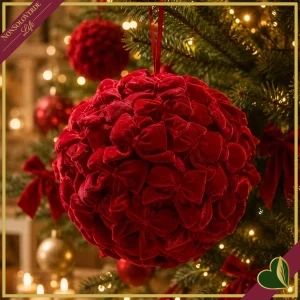 Sfera natalizia rossa rivestita di fiocchi in velluto, diametro 22 cm
