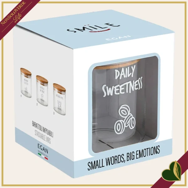 Barattolo impilabile Smile in vetro con coperchio e frase “Daily Sweetness”, 540 ml
