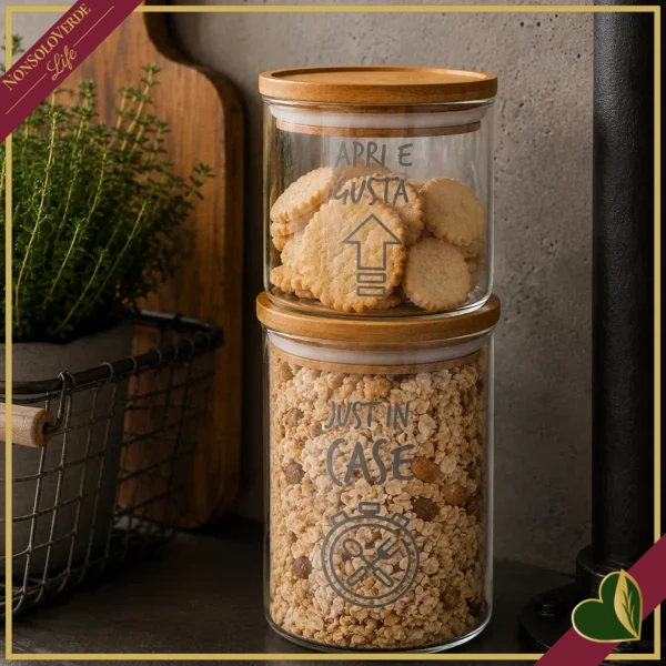 Barattolo impilabile Smile in vetro con coperchio e frase “Just in Case”, 850 ml