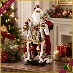 Babbo Natale decorativo bordeaux con lanterna e bastone, altezza 46 cm