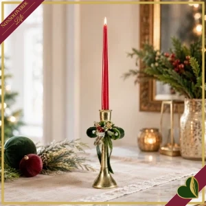 Portacandela natalizio oro anticato con fiocco verde e bacche, altezza 26 cm