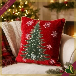 Cuscino natalizio quadrato rosso con albero di Natale e fiocchi di neve, lato 40 cm