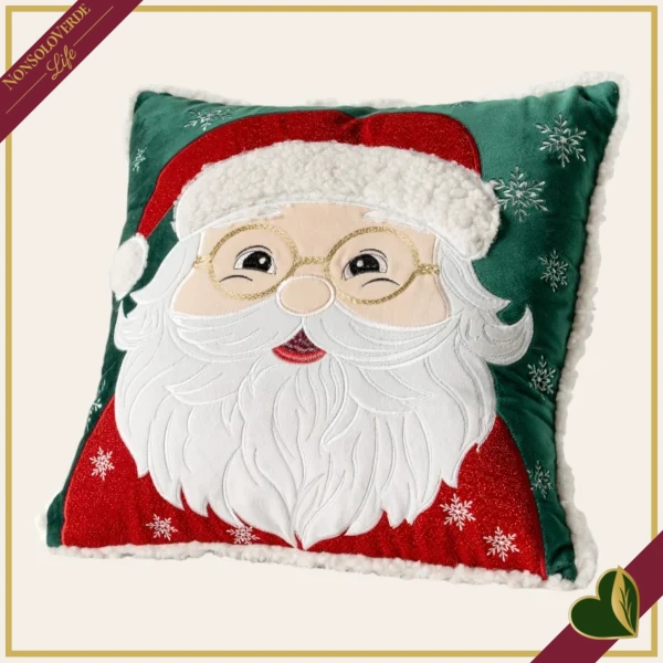 Cuscino natalizio quadrato verde con Babbo Natale e bordo effetto pelliccia, lato 40 cm