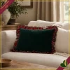 Cuscino rettangolare in velluto verde con volant tartan rosso, larghezza 60 cm