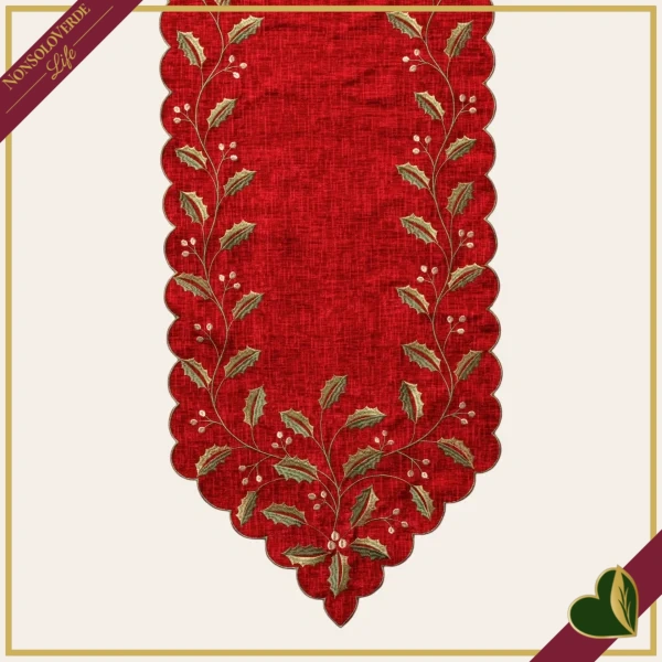 Runner natalizio rosso con agrifoglio ricamato e bordo smerlato, 40x150 cm
