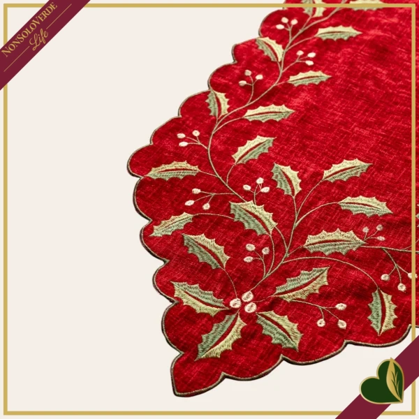 Runner natalizio rosso con agrifoglio ricamato e bordo smerlato, 40x150 cm
