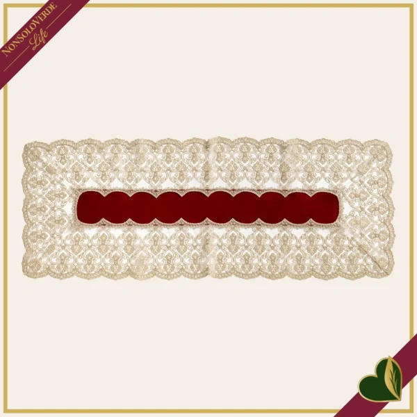 Runner in velluto bordeaux con pizzo ricamato color oro, 40x140 cm