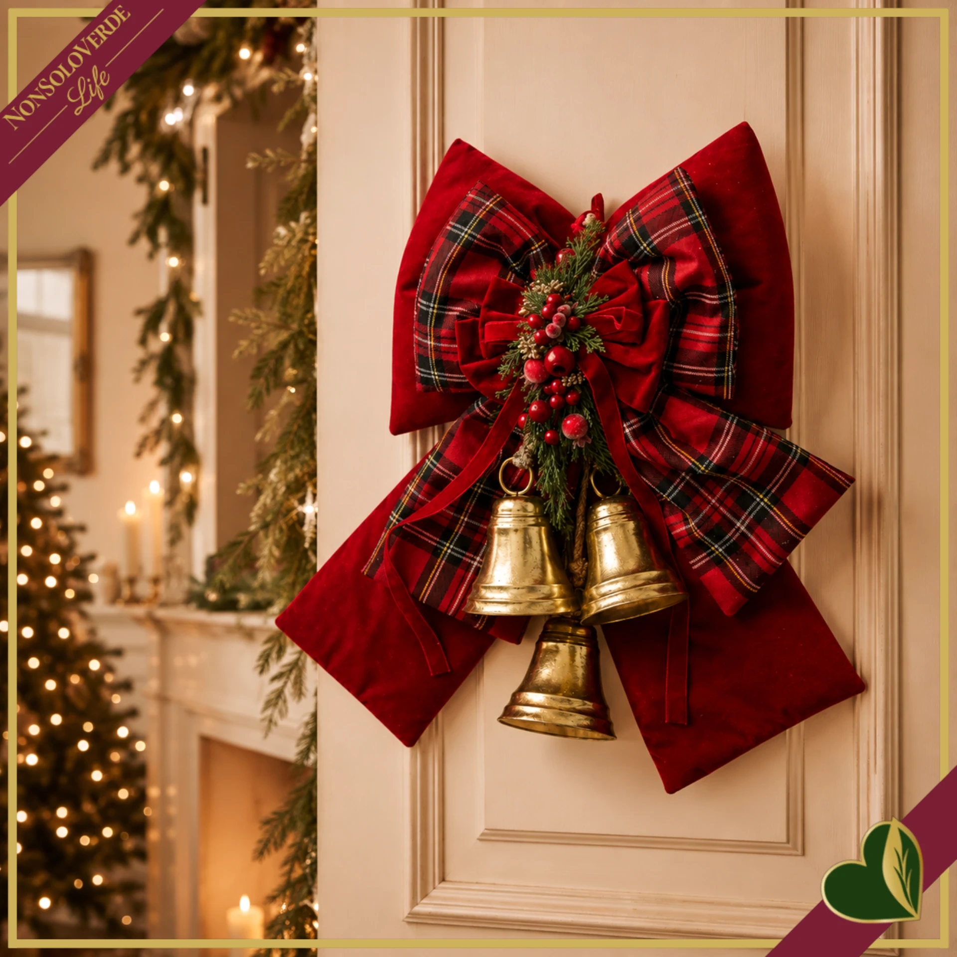 Fiocco natalizio doppio imbottito rosso con tartan e campane dorate, altezza 48 cm