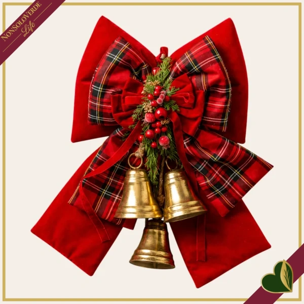 Fiocco natalizio doppio imbottito rosso con tartan e campane dorate, altezza 48 cm