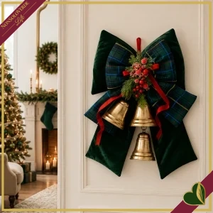 Fiocco natalizio doppio imbottito verde con tartan blu e campane dorate, altezza 48 cm