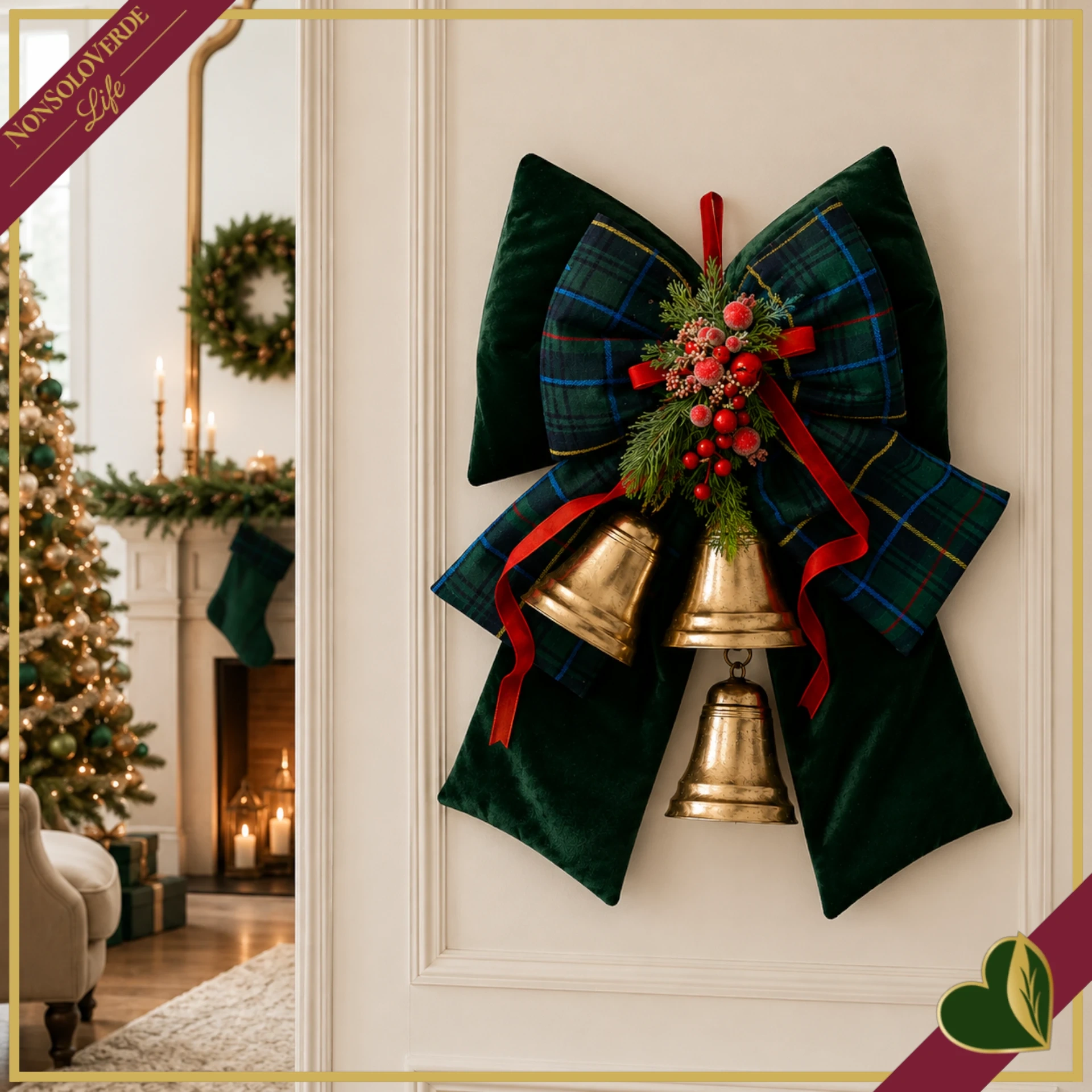 Fiocco natalizio doppio imbottito verde con tartan blu e campane dorate, altezza 48 cm