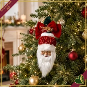 Babbo Natale da appendere con grande fiocco rosso e cappello verde, altezza 25 cm