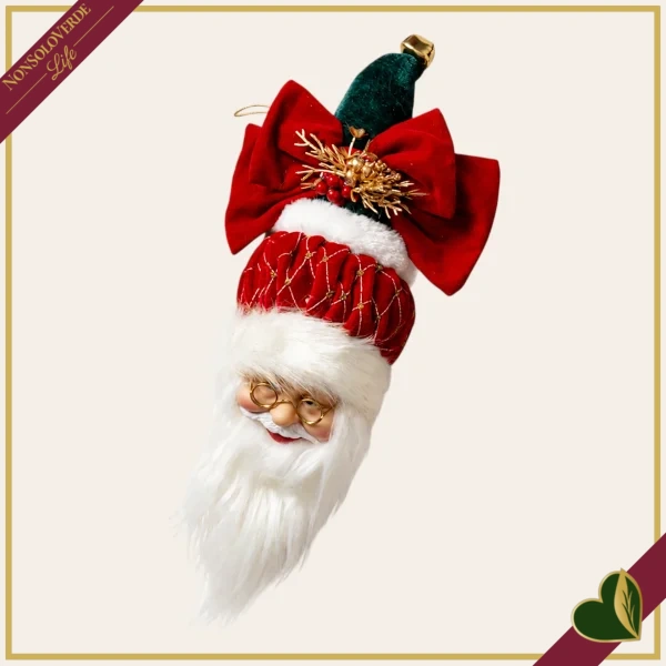 Babbo Natale da appendere con grande fiocco rosso e cappello verde, altezza 25 cm