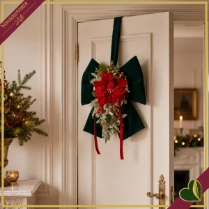 Doppio fiocco natalizio verde inglese con stelle di Natale e decori, altezza 100 cm