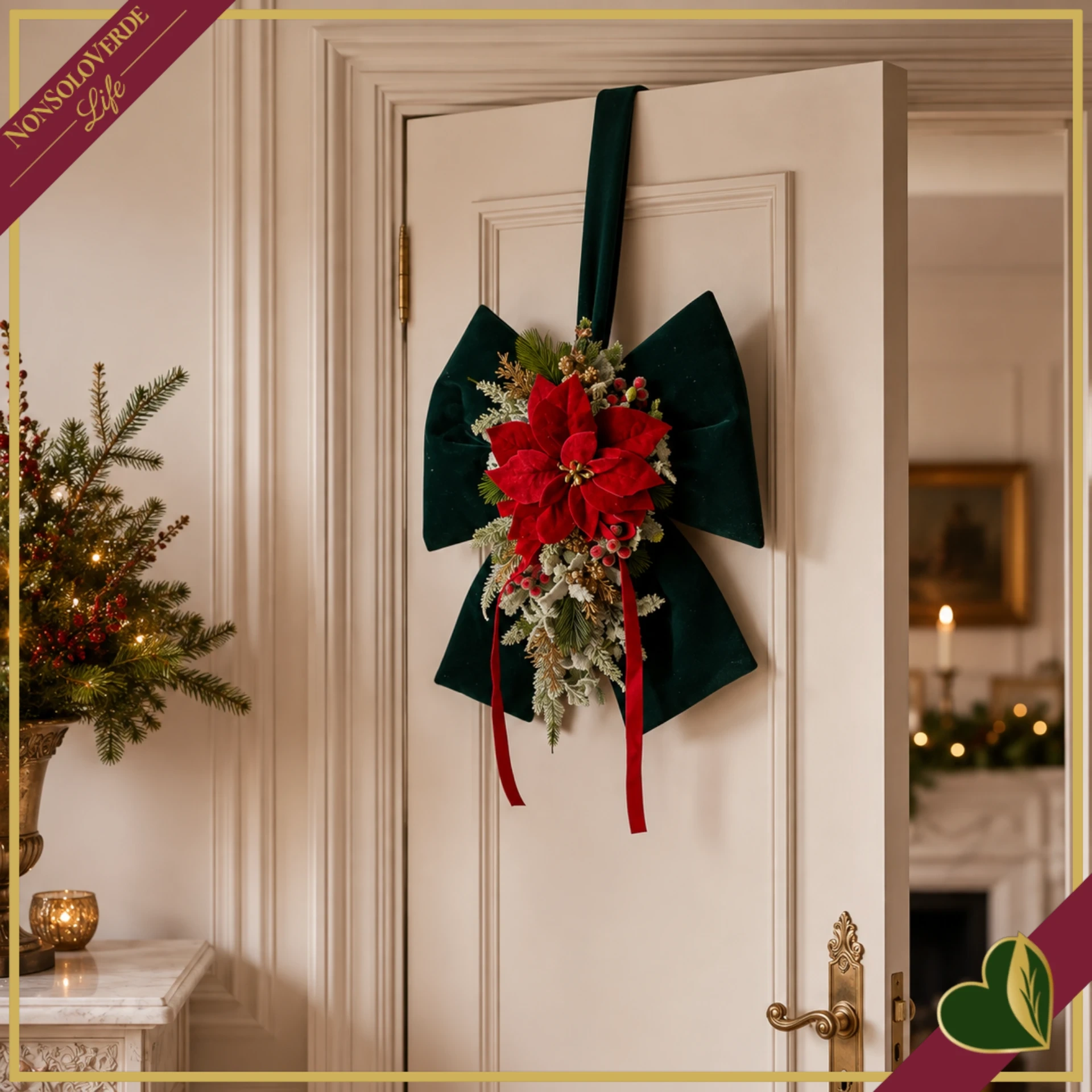 Doppio fiocco natalizio verde inglese con stelle di Natale e decori, altezza 100 cm