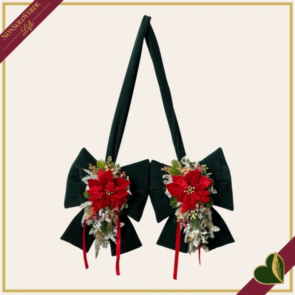 Doppio fiocco natalizio verde inglese con stelle di Natale e decori, altezza 100 cm