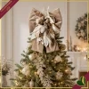 Fiocco natalizio in velluto tortora con cascata di pino innevato e decori champagne, altezza 75 cm